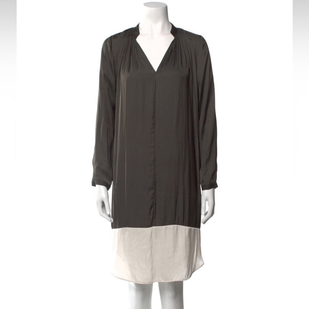 Ulla Johnson Grey Ivory Satin Drape Long Sleeve Split Neck Dress Size 4